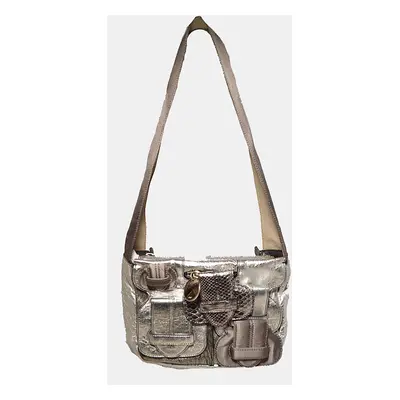 Chloe Silver Leather Satin Snakeskin Buckle Shoulder Bag