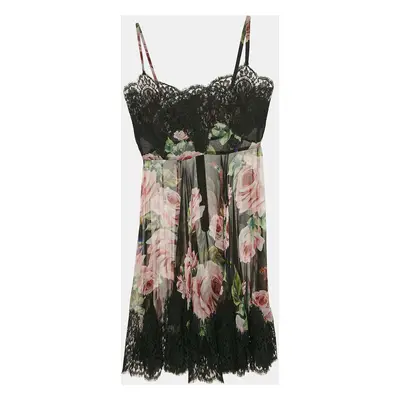 Dolce & Gabbana Black Floral Print Silk Lace Trim Sheer Intimate Dress