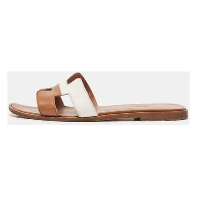 Hermes Brown/White Leather Oran Flat Slides Size 37.5