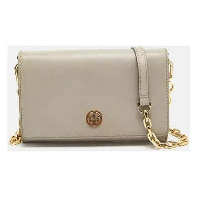 Tory Burch Light Grey Leather Robinson Wallet On Chain