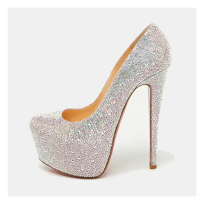 Christian Louboutin Silver/Pink Suede Crystal Embellished Daffodile Platform Pumps Size