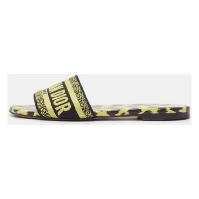 Dior Neon Yellow/Black Fabric Leopard Print Dway Flat Slides Size