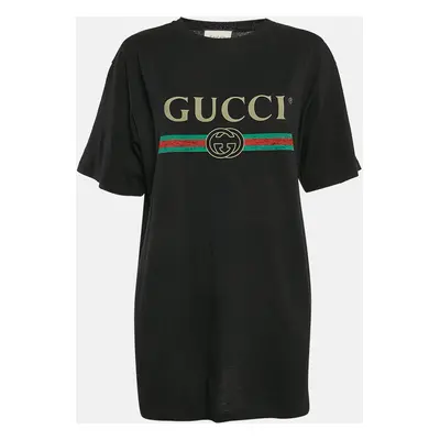 Gucci Black Vintage Logo Print Cotton Distressed Oversize T-Shirt