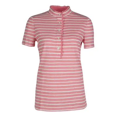 Tory Burch Pink and White Striped Knit Ruffle Detail T-Shirt