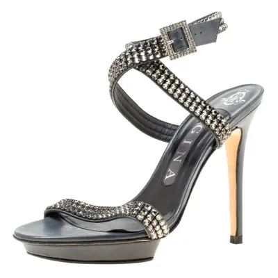 Gina Dark Grey Crystal Embellished Leather Cross Ankle Strap Sandals Size