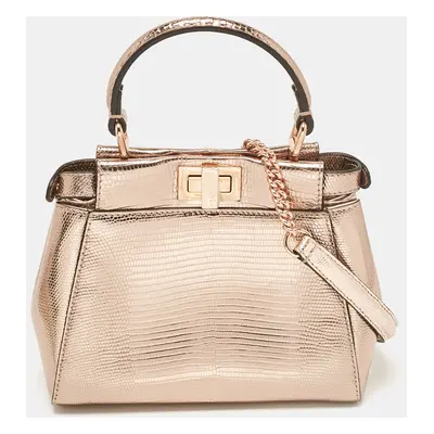 Fendi Rose Gold Lizard Patent Leather Iconic Peekaboo Top Handle Bag