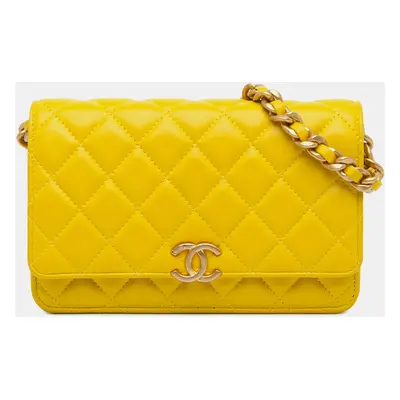 Chanel Yellow Lambskin Leather Wallet on Chain