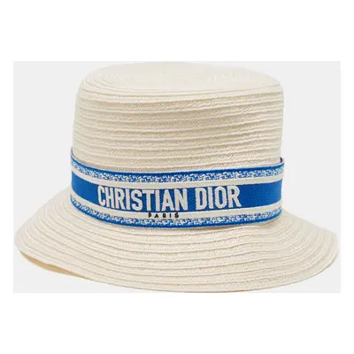 Dior White/Ivory Hemp Straw Logo Band Detail Bucket Hat Size