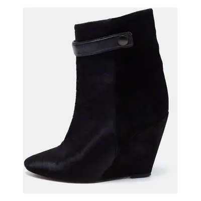 Isabel Marant Black Calf Hair and Suede Wedge Ankle Boots Size