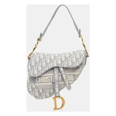 Dior Grey Canvas Oblique Embroidered Saddle Bag