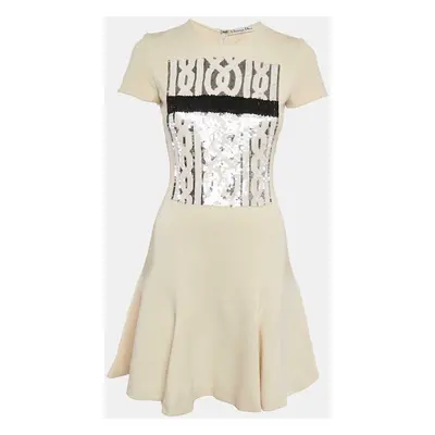 Christian Dior Cream Sequin Embellished Wool Jersey Flared Mini Dress