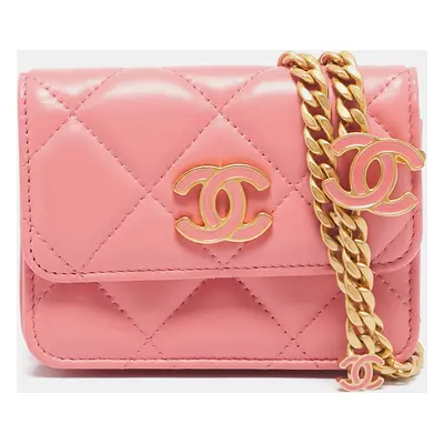 Chanel Pink Quilted Leather CC Charms Card Holder On Chain