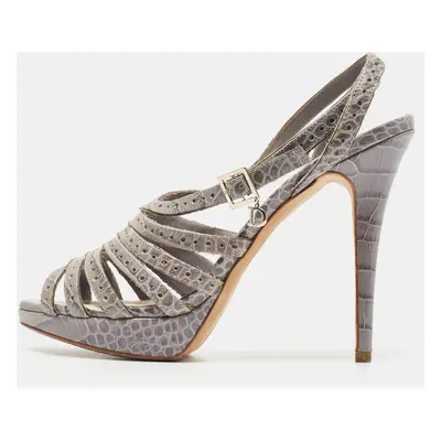 Dior Grey Embossed Croc Strappy Platform Sandals Size