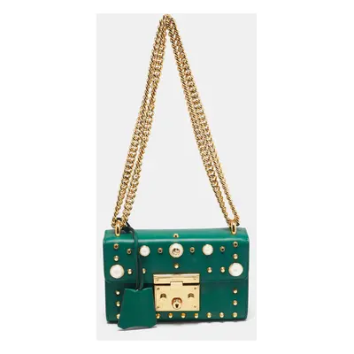 Gucci Green Leather Small Pearl Studded Padlock Shoulder Bag