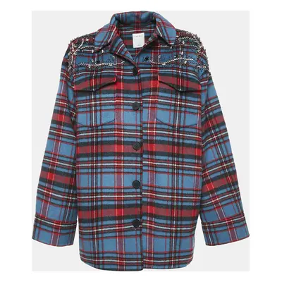 Sandro Multicolor Plaid Embellished Wool Blend Single Breasted Jacket