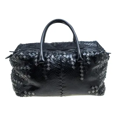 Bottega Veneta Black Python and Leather Intrecciato Detail Brick Bag