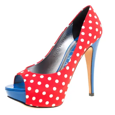 Gina Tricolor Polka Dot Print Canvas Peep Toe Platform Pumps Size 37.5