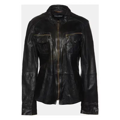 Dolce & Gabbana Black Leather Zip Front Jacket