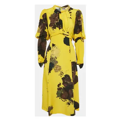 Dries van Noten Yellow Floral Print Silk Tie-Up Waist Detail Midi Dress