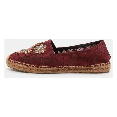 Dolce & Gabbana Burgundy Lace Embellished Espadrille Flats Size