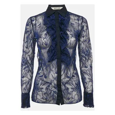 Roberto Cavalli Blue Embroidered Tulle Frilled Sheer Shirt