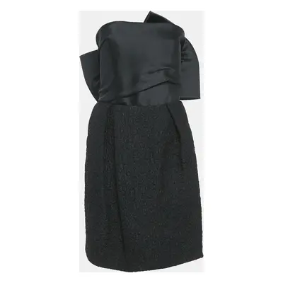 Lanvin Black Satin and Textured Jacquard Bow Detail Strapless Mini Dress