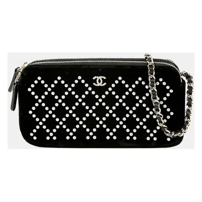 Chanel Black Velvet Pearl Quilted Double Zipper Wallet on Chain