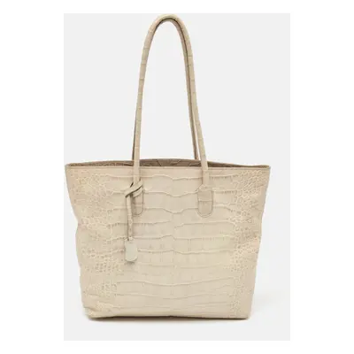 Furla Cream Croc Embossed Leather Tote