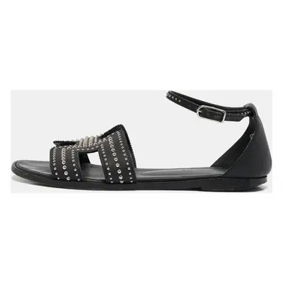 Hermes Black Leather Santorini Ankle Wrap Sandals Size 36.5