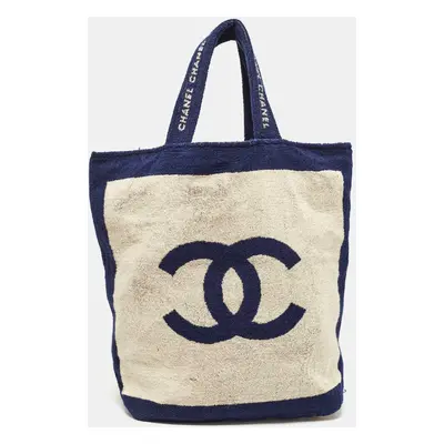 Chanel Navy Blue/Off White Terry Cotton CC Beach Tote