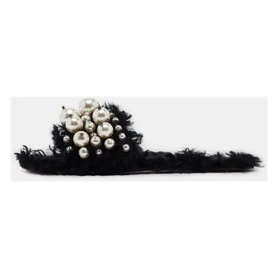 Miu Miu Black Fur Pearl Embellished Flat Slides Size