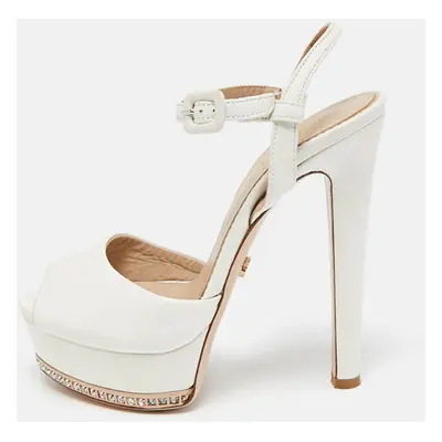 Le Silla White Leather Crystal Platform Ankle Strap Sandals Size 37.5