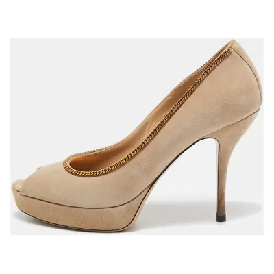 Gucci Beige Suede Chain Peep Toe Platform Pumps Size