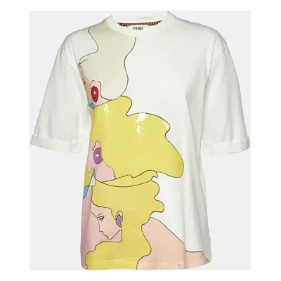 Fendi White Cotton Graphic Beads Embellished T-Shirt