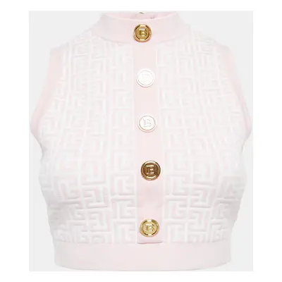 Balmain Pink Monogram Jacquard Knit Sleeveless Crop Top