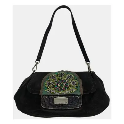 Prada Black Suede Rhinestone Alligator Flap Shoulder Bag