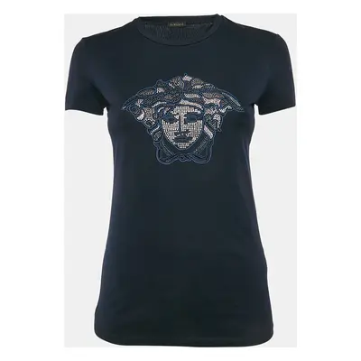 Versace Navy Blue Embellished Medusa Jersey T-Shirt