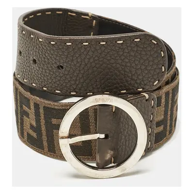 Fendi Tobacco Zucca Canvas and Leather Round Buckle Belt 80CM