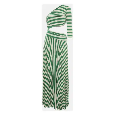 Elisabetta Franchi Green/Cream Striped Lurex Knit Cut-Out Detail Gown