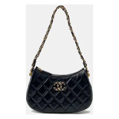 Chanel Black Lambskin Leather Small Hobo Shoulder Bag