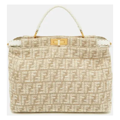 Fendi Beige/White Zucca Fabric and Leather Large Selleria Peekaboo Top Handle Bag