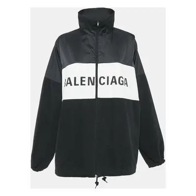 Balenciaga Black Logo Print Nylon and Denim Zip-Up Oversized Jacket