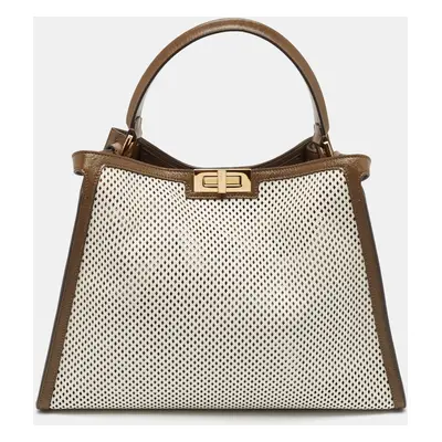 Fendi Khaki/White Perforated Leather X Lite Peekaboo Top Handle Bag