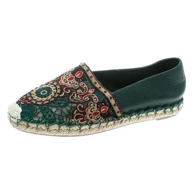 Valentino Green Embroidered Leather Espadrilles Size