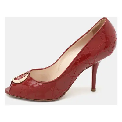 Dior Red Cannage Patent Leather Embellished Peep Toe Pumps Size