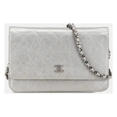 Chanel Silver CC Quilted Aged Calfskin Wallet On Chain