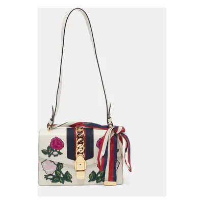 Gucci Off White Leather Small Web Embroidered Sylvie Shoulder Bag