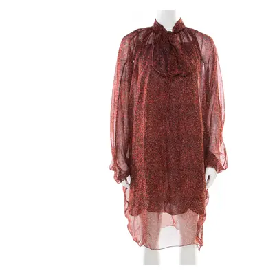 Yves Saint Laurent Red Printed Silk Chiffon Neck Tie Detail Long Sleeve Dress