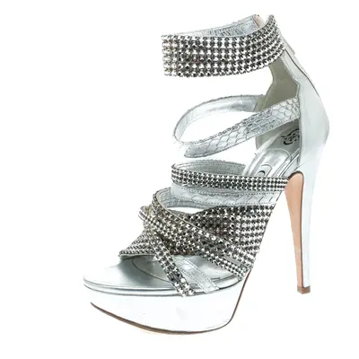 Gina Silver Crystal Embellished Leather and Python Strappy Platform Sandals Size