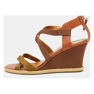 Fendi Brown Leather and Fabric Criss Cross Wedge Sandals Size